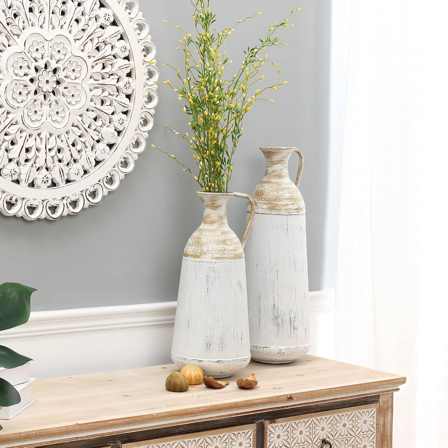 LuxenHöme Tall Floor Vase,Set of 2,Distressed Off White and Brown Rustic Metal Vases,Farmhouse Home Decor Accessories for Living Room,Fireplace and Entryway Decorative
