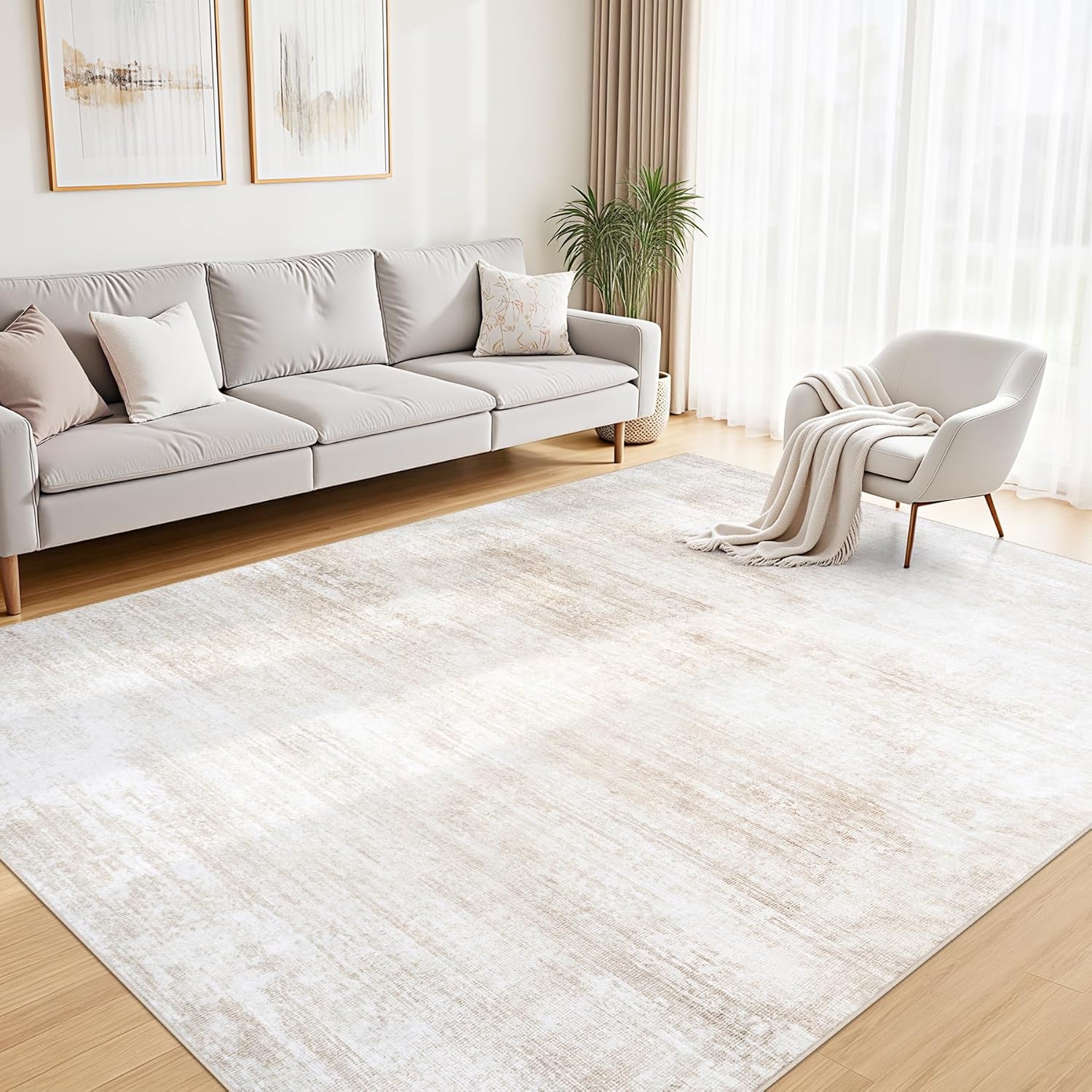 Tosuoka 6x9 Area Rugs for Living Room Bedroom, Beige Rug Washable Abstract Soft Modern Rugs Neutral Rug Non-Slip Low Pile Indoor Carpet for Nursery Dining Room Home Office