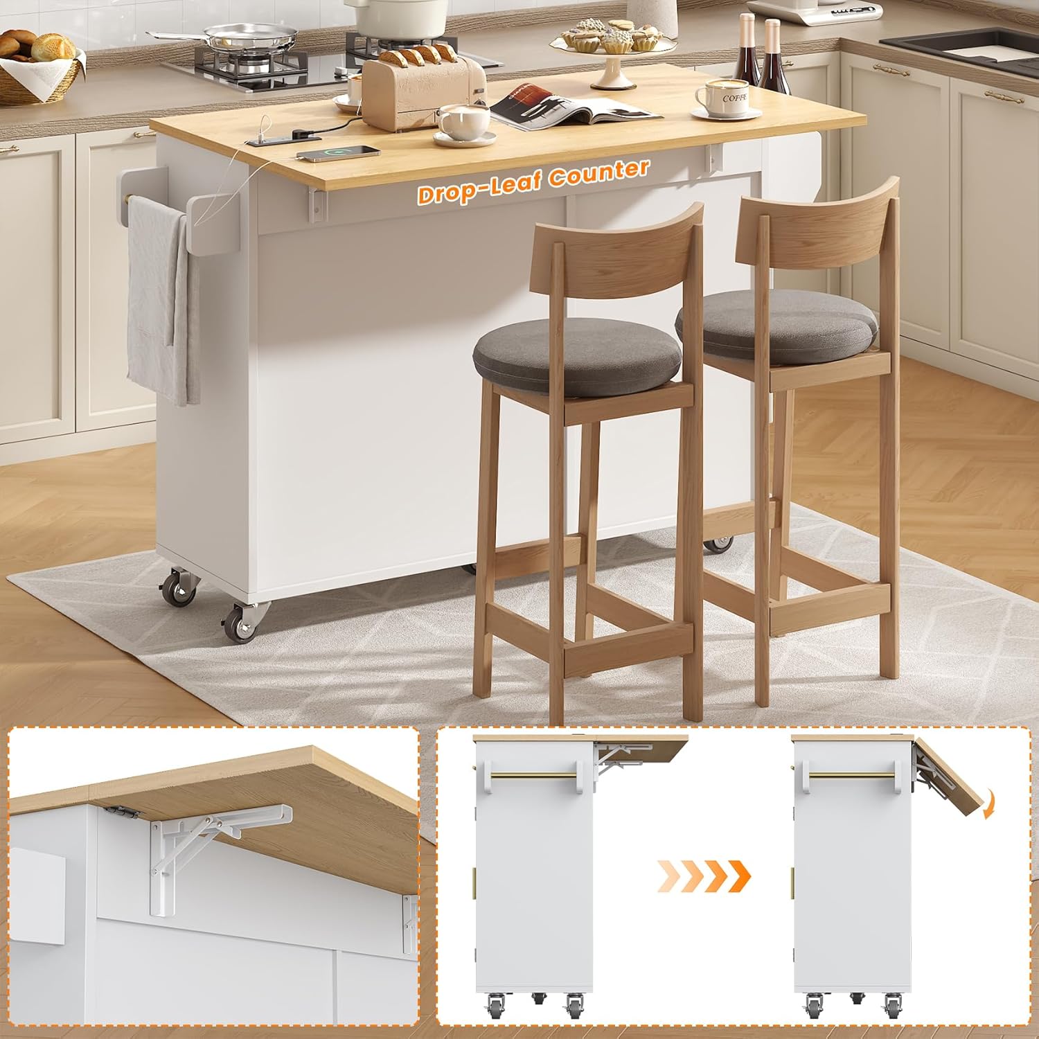 VVFLU 51.8" Kitchen Island Cart with Trash Can Storage, Kitchen Island on Wheels with Power Outlet & Drop Leaf, Rolling Kitchen Cart with Towel Rack & Spice Rack, Mobile Islands Table for Kitchen