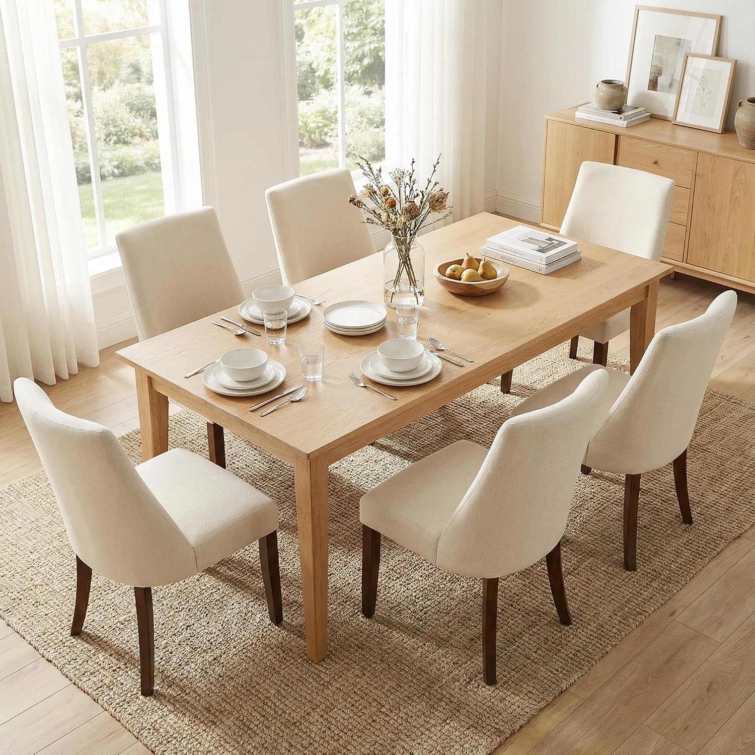 Wooden Dining Chairs Set of 6, Upholstered Farmhouse Fabric Dining Room Chair, Mid Century Kitchen Chair for Restaurant & Cafe, Beige