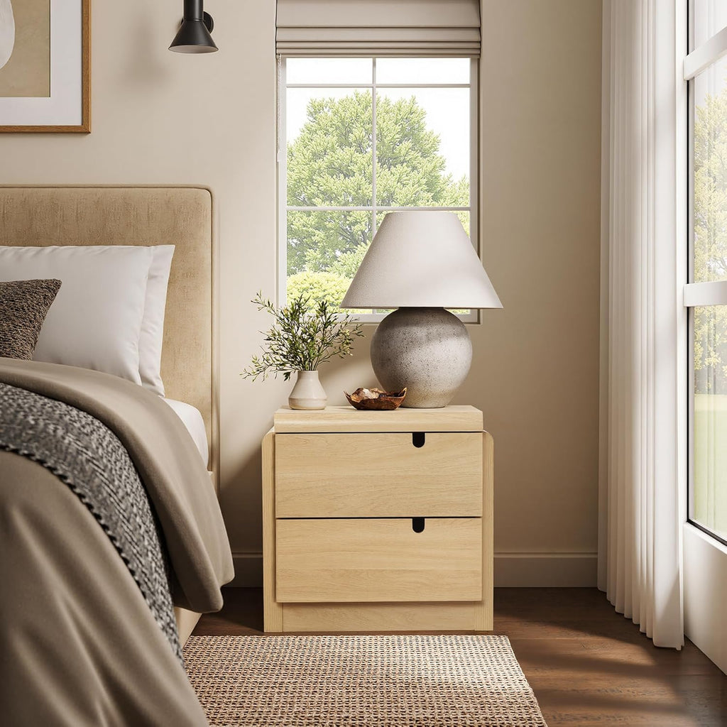 LuxenHome 21" H Modern Nightstand with 2 Drawers, Mid Century Modern Oak Night Stand with Curved Edge, Bedside Table with Storage, Wooden Accent End Table, Small Night Stand for Bedroom, Living Room