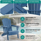 PLUUV Folding Adirondack Chair Set of 4, Easy Storage Space Saving, 380 LBS Capacity Weather Resistant HDPE with Two-Cup Holder for Outdoor Patio Fire Pit Gathering, Navy