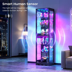 Dystler Display Cabinet with Glass Doors, 6 Tier RGB Lights Curio Cabinet | Adjustable Shelves, Human Sensor Lighting, Modern LED Display Case for Collectibles, Black