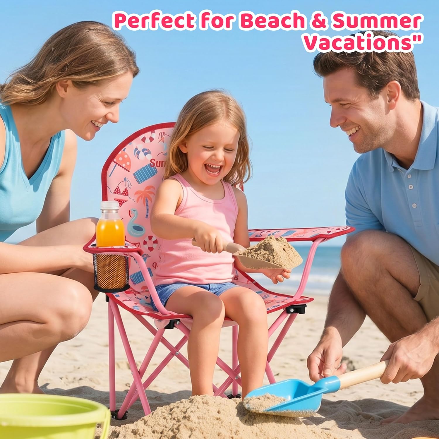 SUNNYFEEL Kids Folding Camping Chair for Ages 4-8 Boys and Girls, Pink | Dual-lock safety prevents collapse, 125 lbs capacity, 3.5 lbs Lightweight with Carry Bag & Cup Holder for Beach, Camping