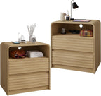 Fluted Nightstand with Charging Station, 23.6'' Wide Morden End Table 2 Drawers & Open Shelf, Curved Profile Design, Wood Bedside Table for Bedroom (Natural Oak, 2 Pieces)
