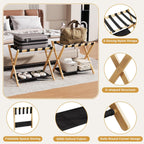 26.77" Full Assembled Luggage Rack for Guest Room, Set of 2 Bamboo Foldable Suitcase Stand, Bedroom & Hotel, Folding Luggage Holder with 5 Nylon Straps, 600D Oxford Fabric Shelf Natural Wood