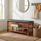 39-inch End of Bed Bench, Faux Leather Tufted Storage Bench with Lift Top Seat and 2 Tier Storage Shelves, Bedroom Bench Footrest Stool with Hidden Storage and Wood Leg, Vintage Style