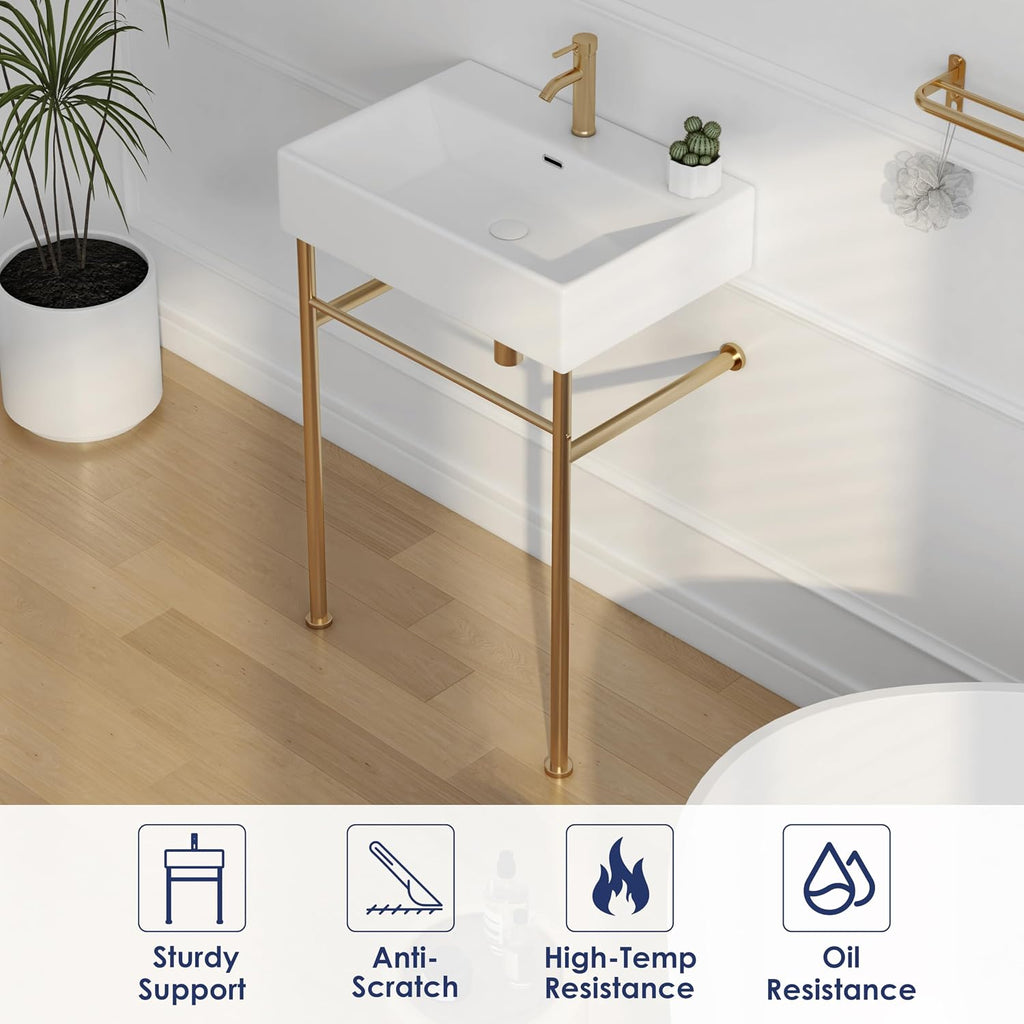 Eridanus 24"x16" Console Bathroom Sink, Free Standing 30 Inch Chrome Steel Support Pedestal Legs, Wall Mount White Vessel Ceramic Vanity Basin Modern Rectangular Sinks Porcelain, Brushed Gold