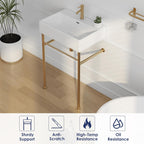 Eridanus 24"x16" Console Bathroom Sink, Free Standing 30 Inch Chrome Steel Support Pedestal Legs, Wall Mount White Vessel Ceramic Vanity Basin Modern Rectangular Sinks Porcelain, Brushed Gold