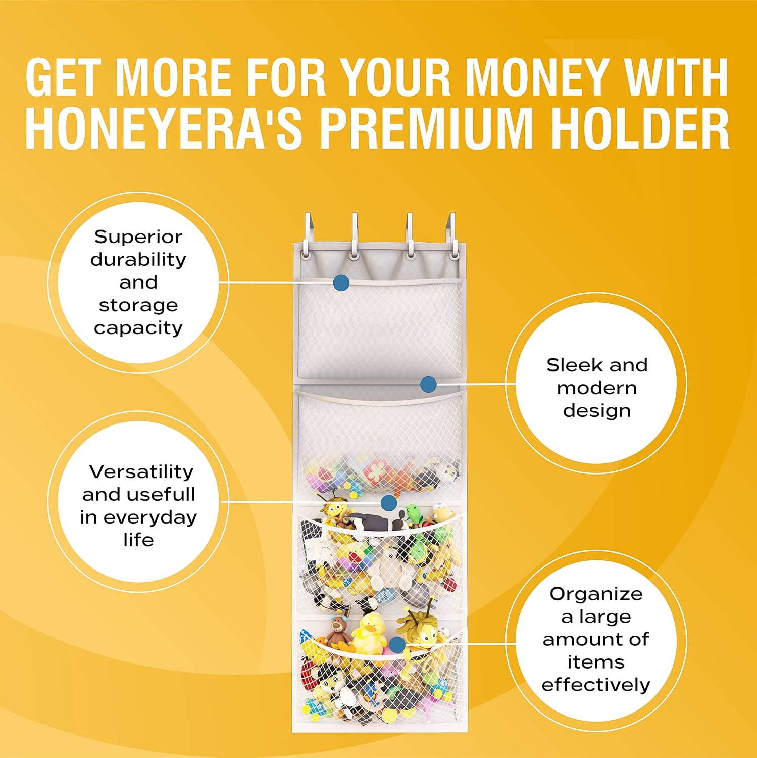 Honeyera The Original Stuffed Animal Storage (Patented) - Over Door Organizer for Stuffies, Baby Ideas Holder, Toy Plush Hammock Hanging Net Big Girls Toddler Large Bag Animals Stuffy Behind