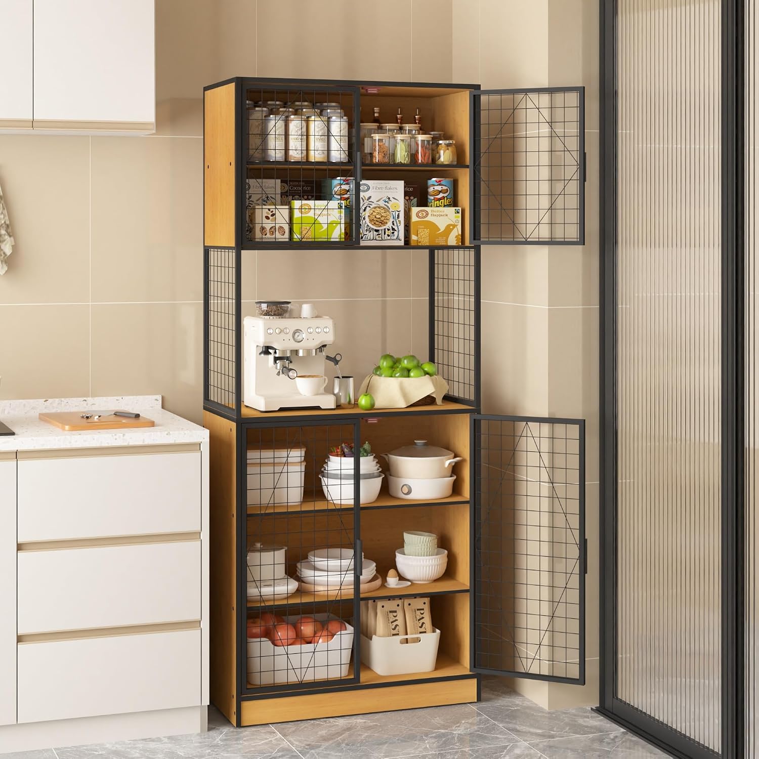 VECELO 72in Tall Kitchen Pantry Cabinet with Doors and Shelves, Large Freestanding Storage Cupboard with Countertop Hutch for, Oak