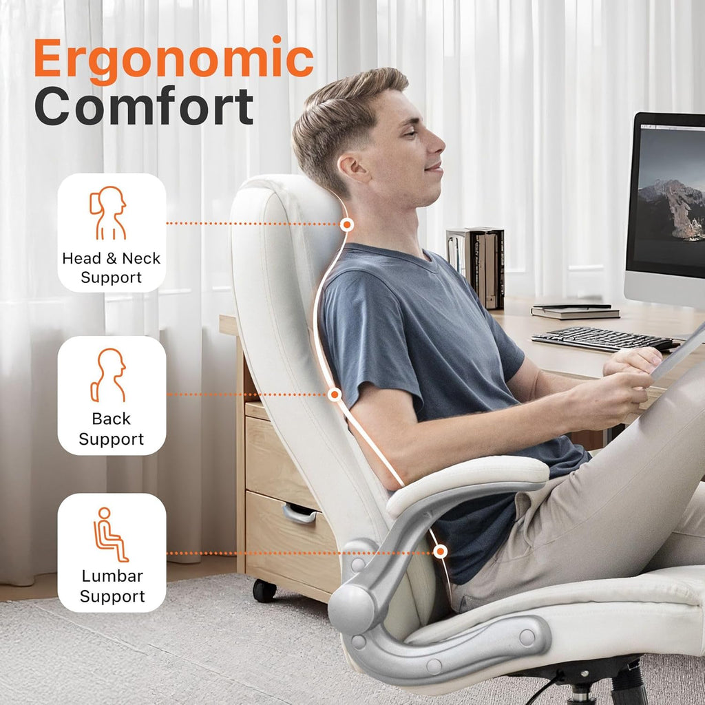 NEO CHAIR Office Desk Gaming Computer Home Chair Ergonomic Executive High Back Support Flip-up Arms Adjustable Height Swivel Rolling Wheels Comfy PU Leather (White)