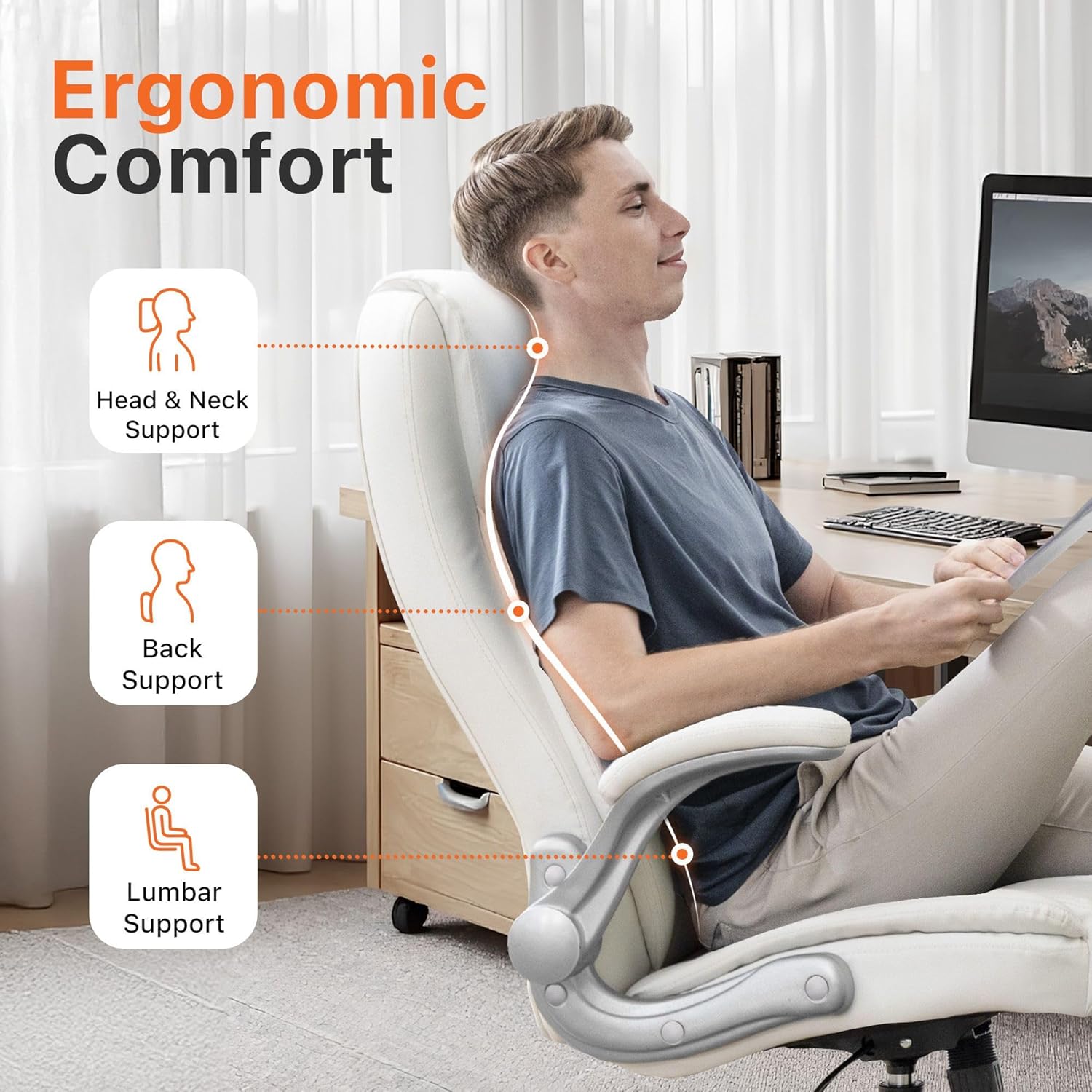 NEO CHAIR Office Desk Gaming Computer Home Chair Ergonomic Executive High Back Support Flip-up Arms Adjustable Height Swivel Rolling Wheels Comfy PU Leather (White)