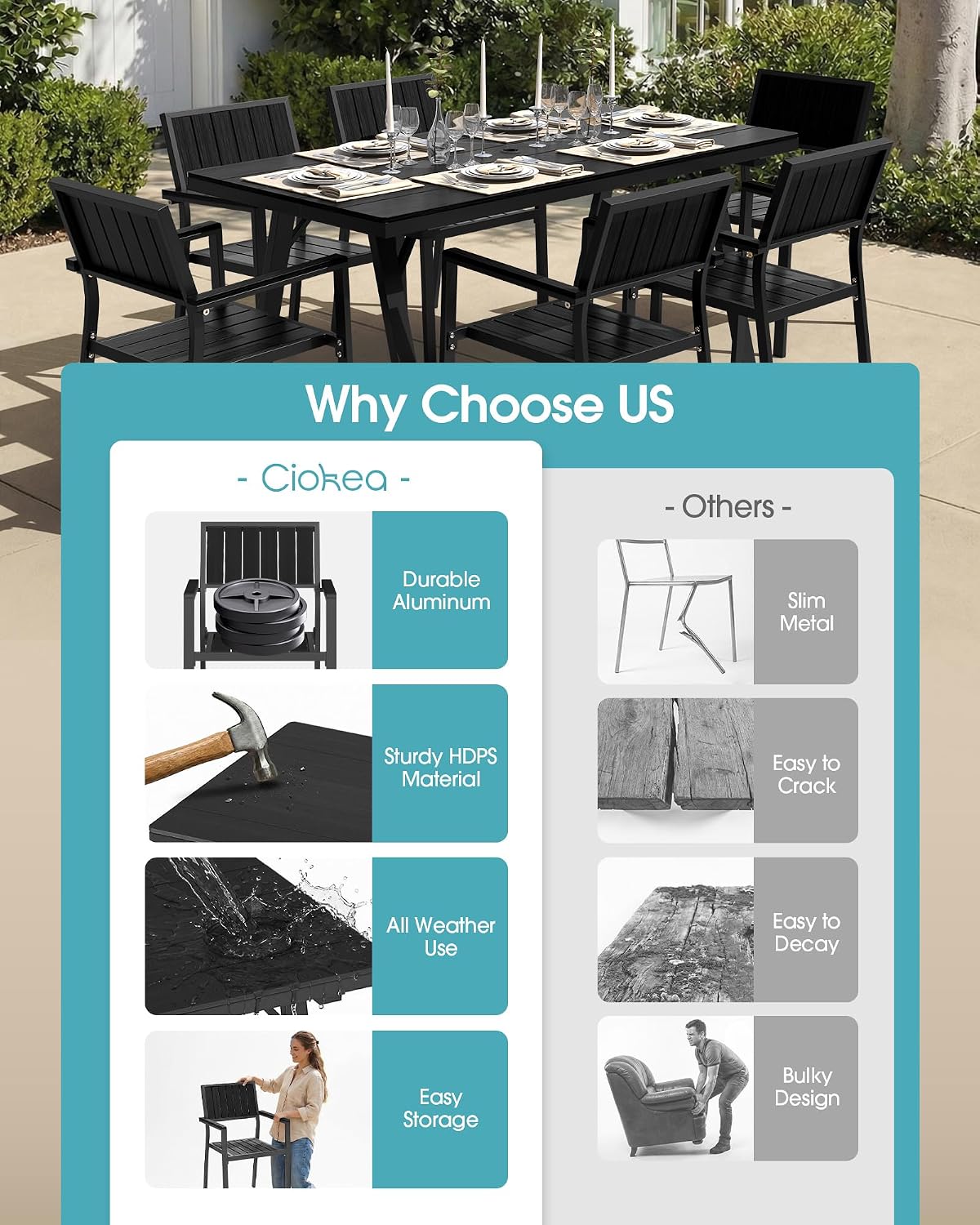 Ciokea Aluminum Patio Dining Chairs Set of 2, Outdoor Stackable Chairs with Wide Seat, All-Weather HDPS Oversized Porch Chair for Backyard, Poolside, Lawn & Garden, Deck | 2-Piece, Black