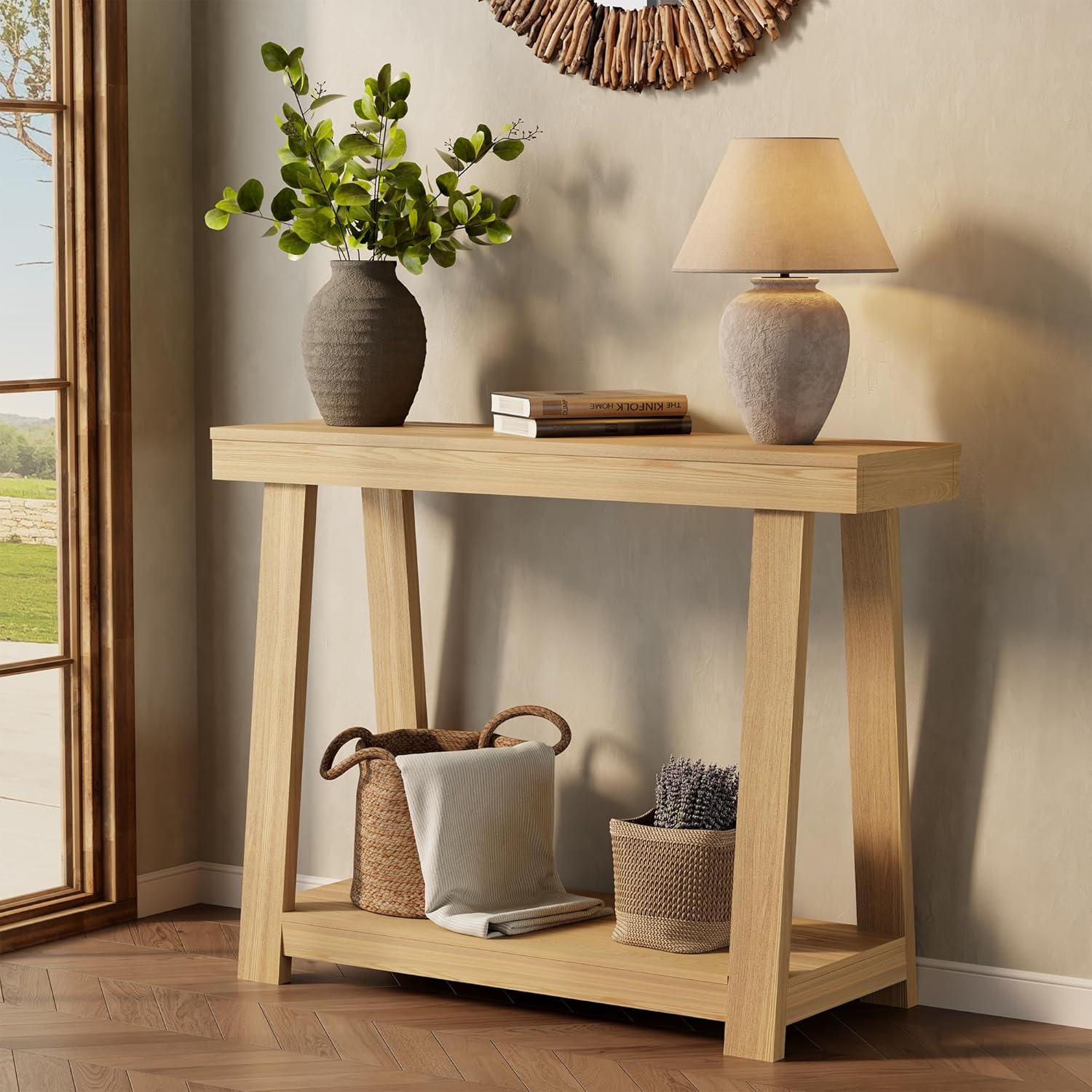 43.5" Narrow Console Table, 500LB 2-Tier Wood Grain Entryway Table, 15-Min Easy Assembly for Hallway, Foyer, Small Apartment & Bedroom, Oak