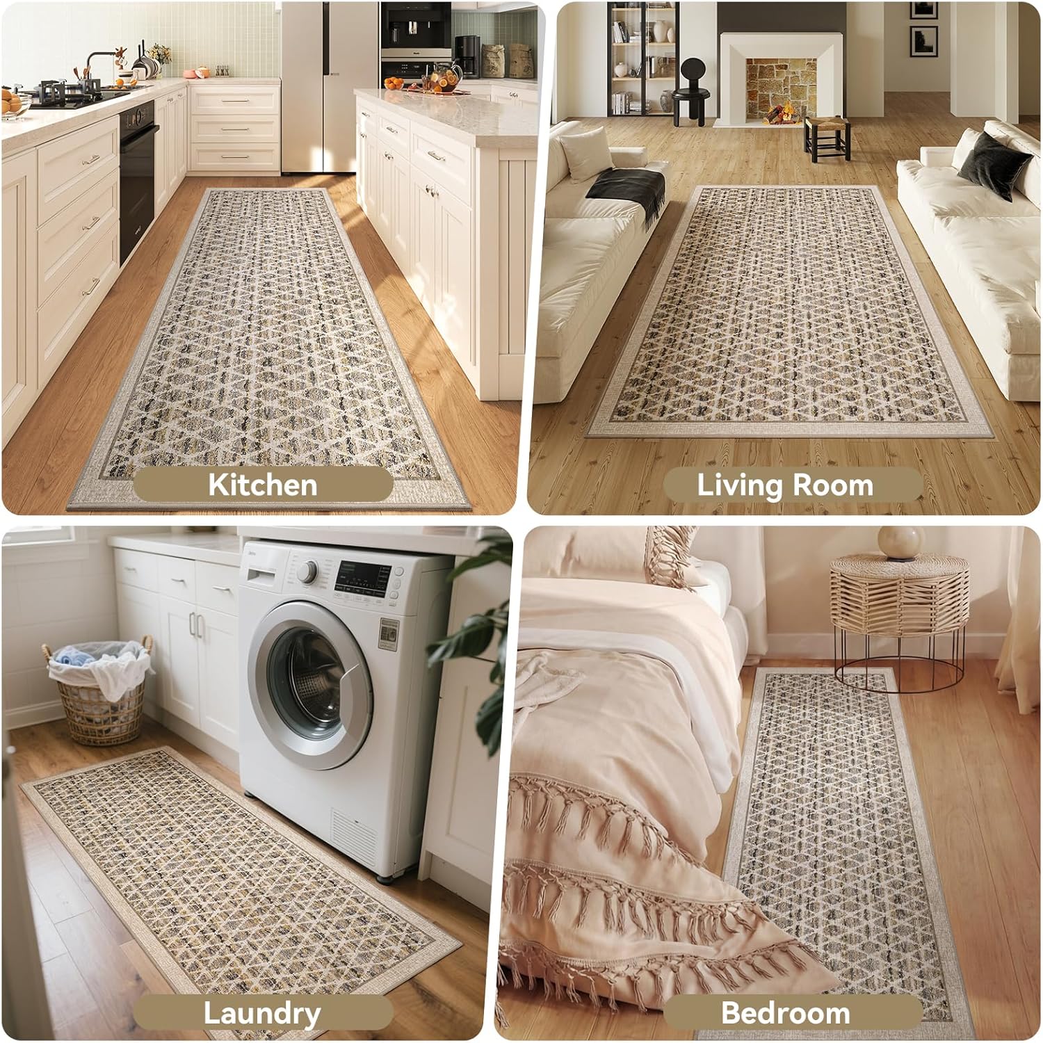 Washable Runner Rug 2x6 for Hallway, Non Slip Kitchen Runner Rug, Soft Low Pile Indoor Carpet Runner for Entryway, Laundry Room, Bedroom Decor (2'x6', Beige)
