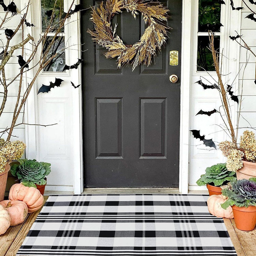 Fall Décor Plaid Rug, 2'4" x 3'7" Black&White Check Indoor/Outdoor Area Rug, Layering Rug for Hello/Welcome Doormat, Machine Washable Cotton Woven Rugs for Farmhouse Front Porch,Entryway