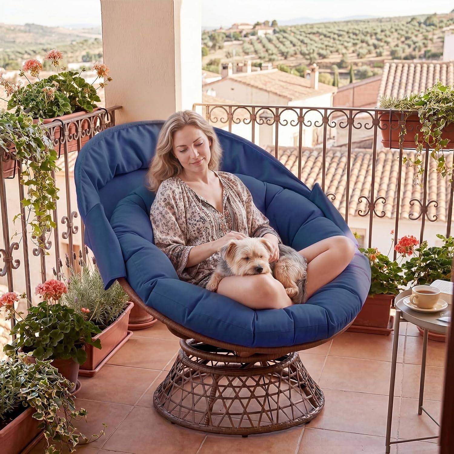 GTPLAYER Outdoor Wicker Egg Chair PE Rattan Chair with Cushion, Oversized Patio Lounge Chair with Canopy Papasan Chair 360° Swivel Base for Outdoor, Indoor, Balcony, Backyard, Garden, Blue