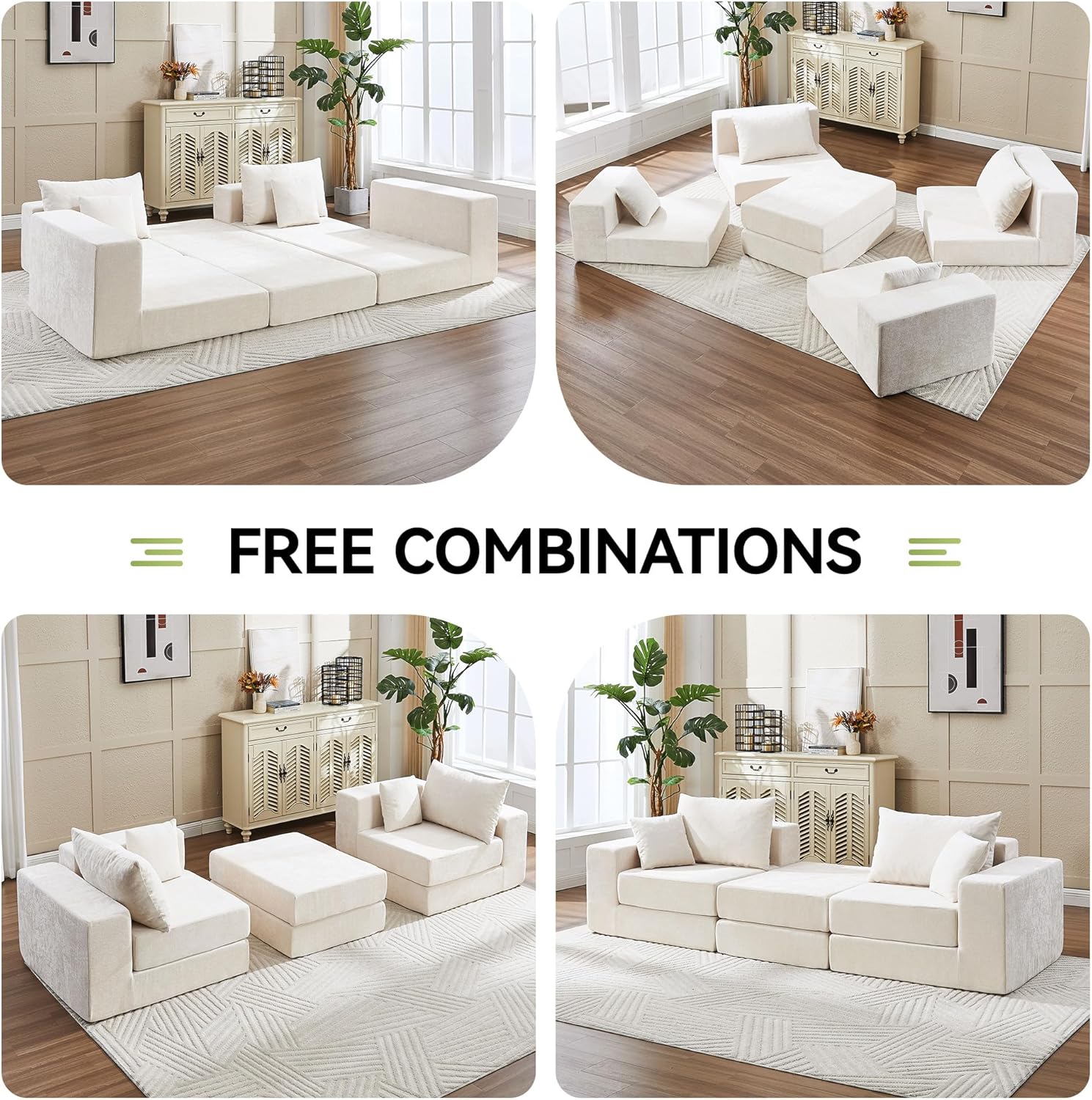 79" Boneless Cloud Loveseat Sofa Couch, Modular Foldable Floor Sofa with Ottoman, Chenille Lounge Convertible Sofa Bed for Living Room, No Assembly, Beige