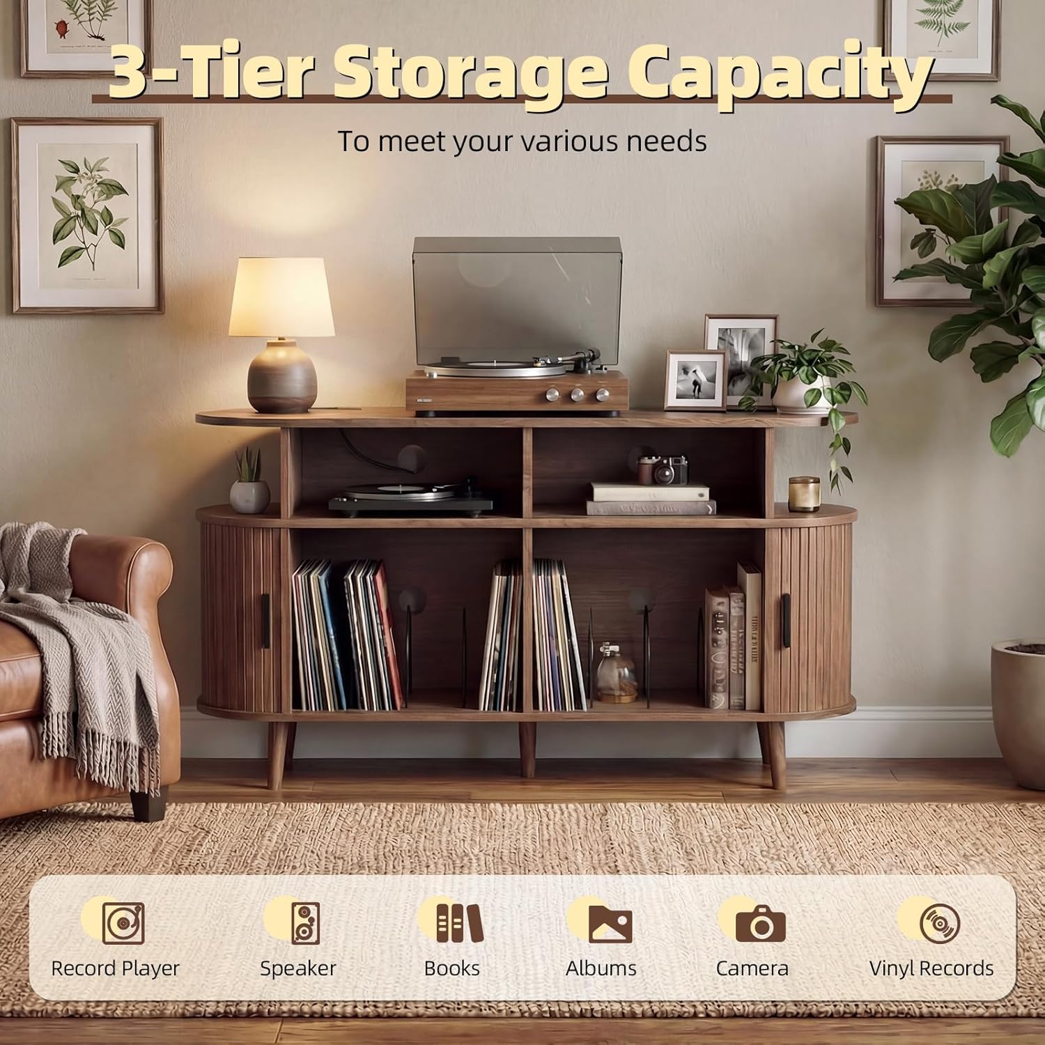 55-Inch Large Vinyl Record Rack with Charging Station, Mid-Century Walnut Record Storage Shelf, Open-Shelf Design with 3 Compartments, Vinyl Album Organizer for the Bedroom or Living Room