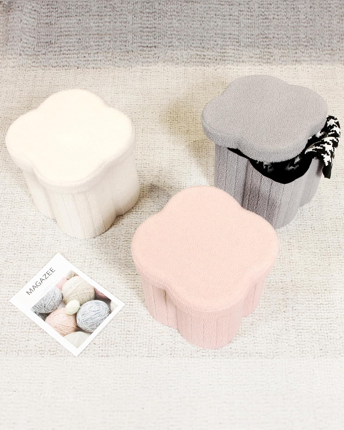 B FSOBEIIALEO Storage Ottoman Cube, Flowers Shaped Ottomans with Storage Foot Stool Footrest for Lving Room, Boucle Ottoman Seat for Dorm Room,Faux Teddy Fur,White 12.6"x12.6"x12.6"