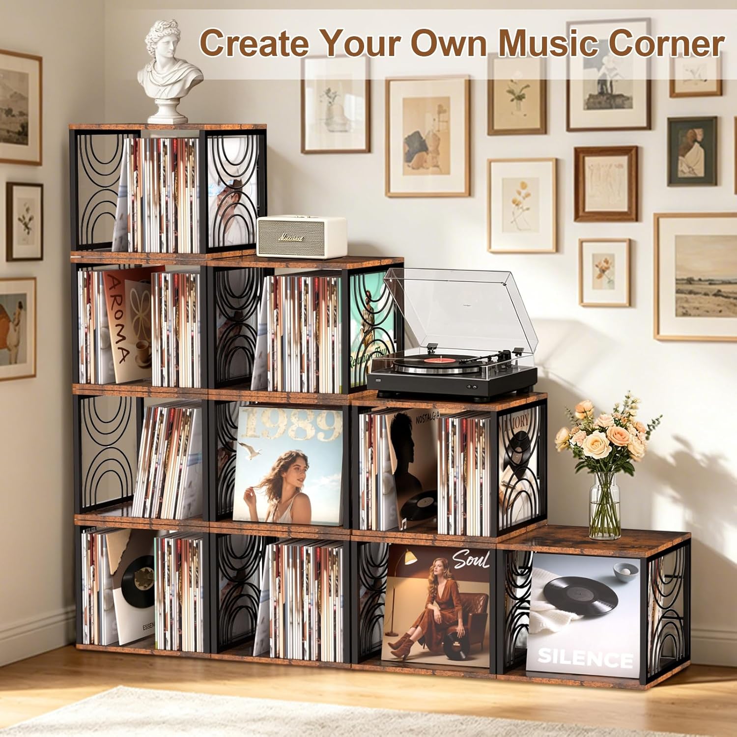Wood Vinyl Record Storage,DIY Stackable Record Holder,Holds 80-100 LPs,Retro Vinyl Holder, Visualize Album Crate Cube,Top Supports Turntable in Bedroom Living Room Music Corner for 7/10/12In