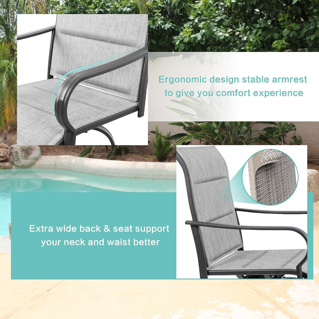 Vongrasig 4 Piece Outdoor Patio Swivel Bar Chairs, All Weather Padded Sling Textile High Top Bar Stools, Bistro Set for Backyard, Lawn Garden, Balcony, Padded Light Gery