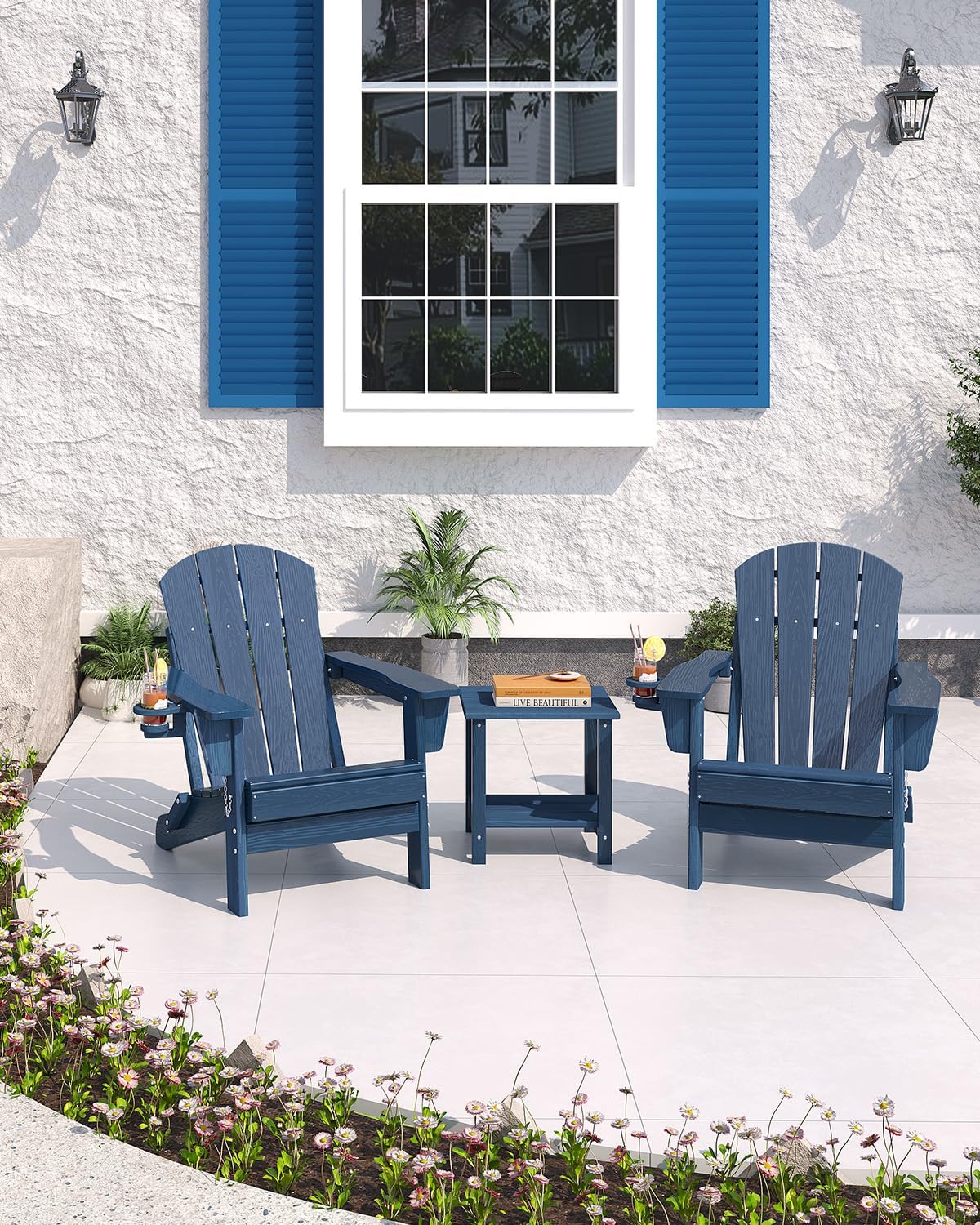Garvee Folding Adirondack Chair, HDPE Outdoor Patio Chair with Cup Holder, All Weather Resistent Wooden Textured for patios, Decks, Gardens, fire Pit, Navy Blue