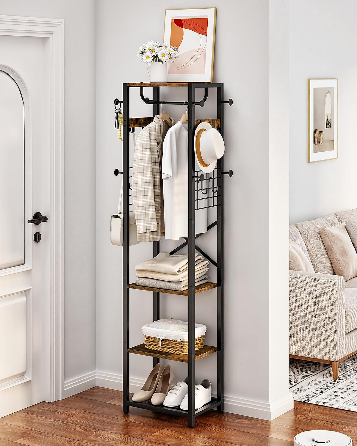 CHOEZON Coat Rack with Shelves, Freestanding Hall Tree, Coat Tree with 16 Hooks and Hanging Rail, Industrial Clothes Stand for Entryway, Hallway, Bedroom, Rustic Brown and Black TYM18BF