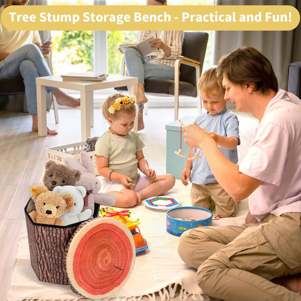 Round Storage Ottoman Cube, Tree Stump Stool, Forest Decor, Multifunctional Toy Storage Box, Cute Foldable Ottoman Stool, Tree Stump Footstool Ottoman, 11inch