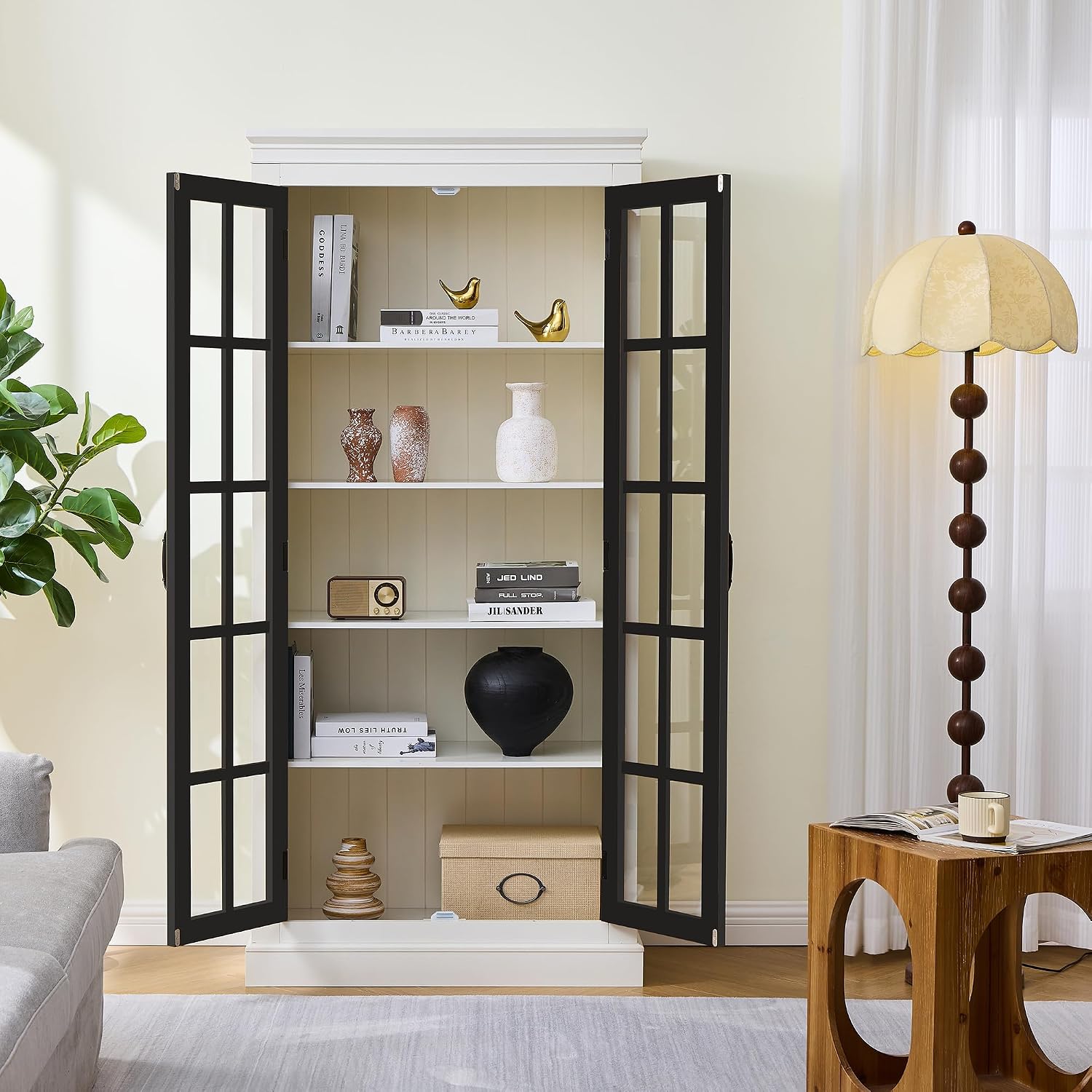 33" D*15.75" W*71.2" H Freestanding Kitchen Pantry with 4 Shelves, Black French Door, Rectangular Kitchen Pantry，for Living Room, Dining Room，White