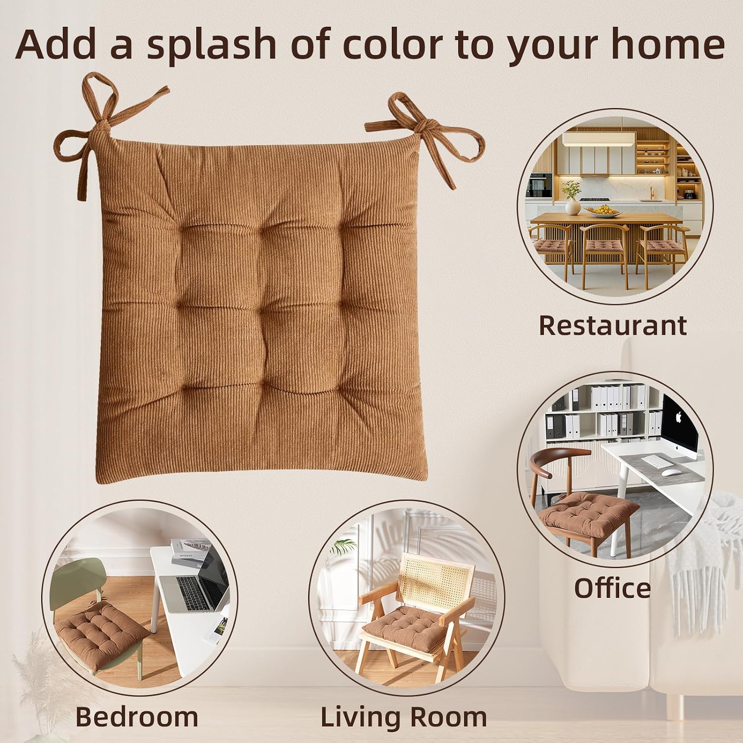 HLOVME Corduroy Chair Cushion with Ties Ultra Soft Warm Floor Cushion for Kids Reading Nook Comfortable Square Seat Cushion for Adult 15.7”x15.7”, Khaki