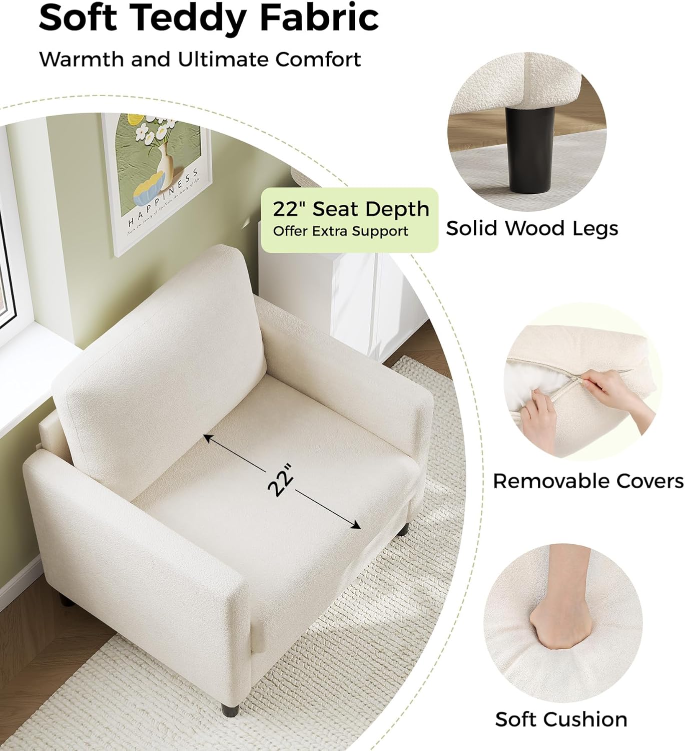 Welzona Sofa Accent Chair, 33" Reading Chair for Bedroom, Tool-Free Setup Living Room Accent Chairs, Comfy Arm Chairs Living Room, All-Wood Reading Nook, Beige