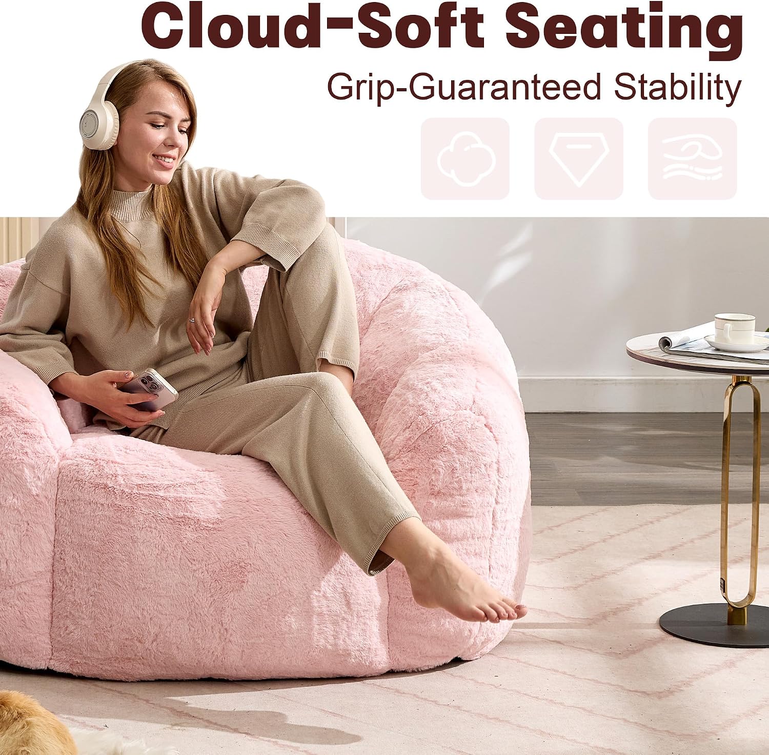 Giant 4ft Bean Bag Chair for Adults, Big Beanbag Chairs with Filler Included, Large Comfy Faux Fur Oversized Adult Bean Bags, Huge Floor Sofa for Bedroom, Living Room, Pink