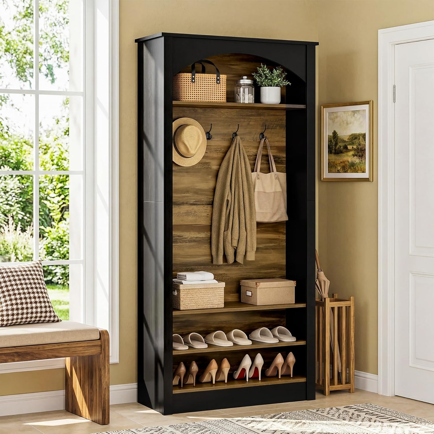 Tribesigns 74.8" Hall Tree with Shoe Storage, 3-Tier Narrow Shoe Rack with Coat Rack, Farmhouse Hall Tree with 4 Double Coat Hooks for Entryway, Hallway, Black and Brown