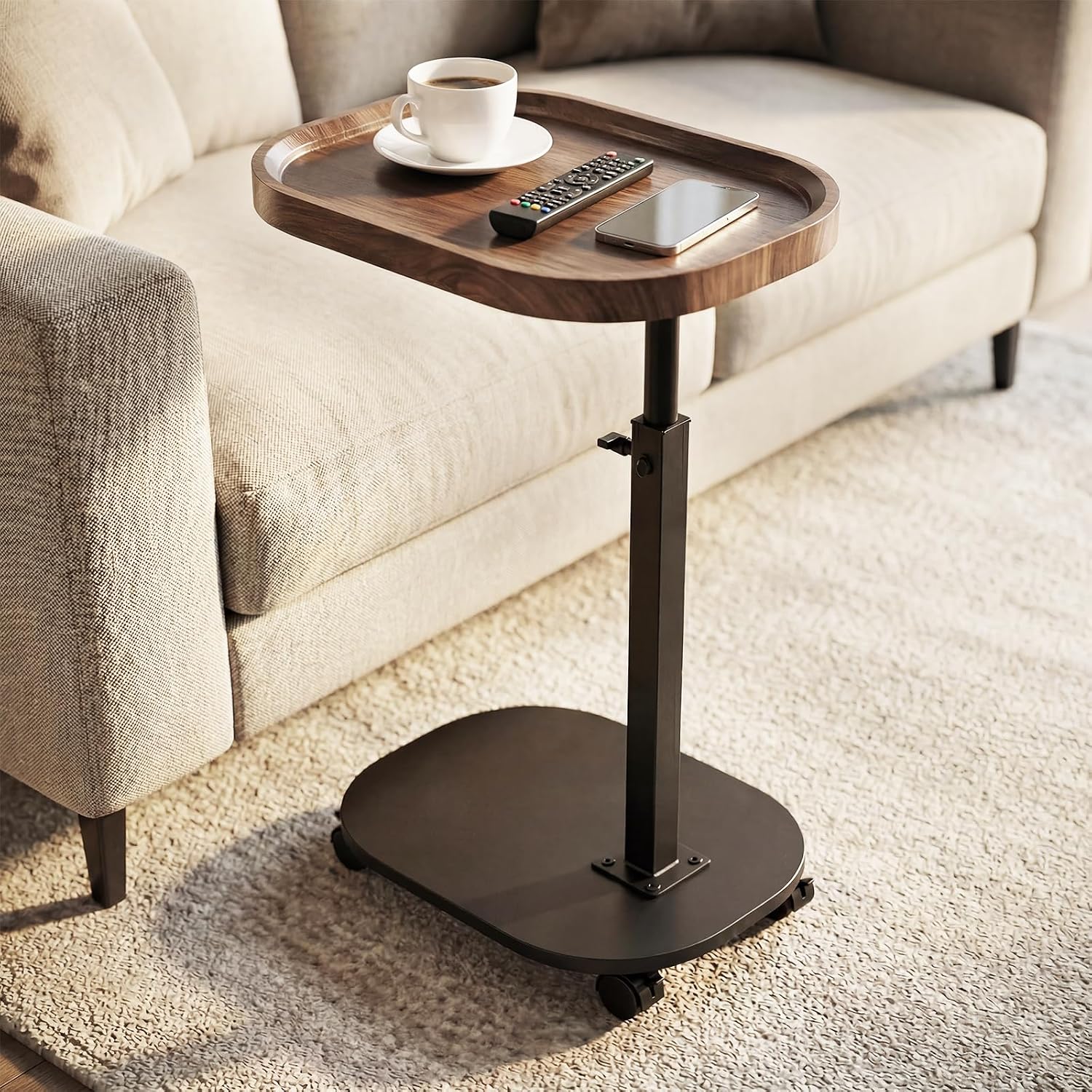 Adjustable Height TV Tray Table for Snack, Eating, Dinner or Laptop, 360°Rolling C Shaped End Table for Couch, Sofa, Chair, Bed, Perfect for Small Places, Livingroom, Bedroom