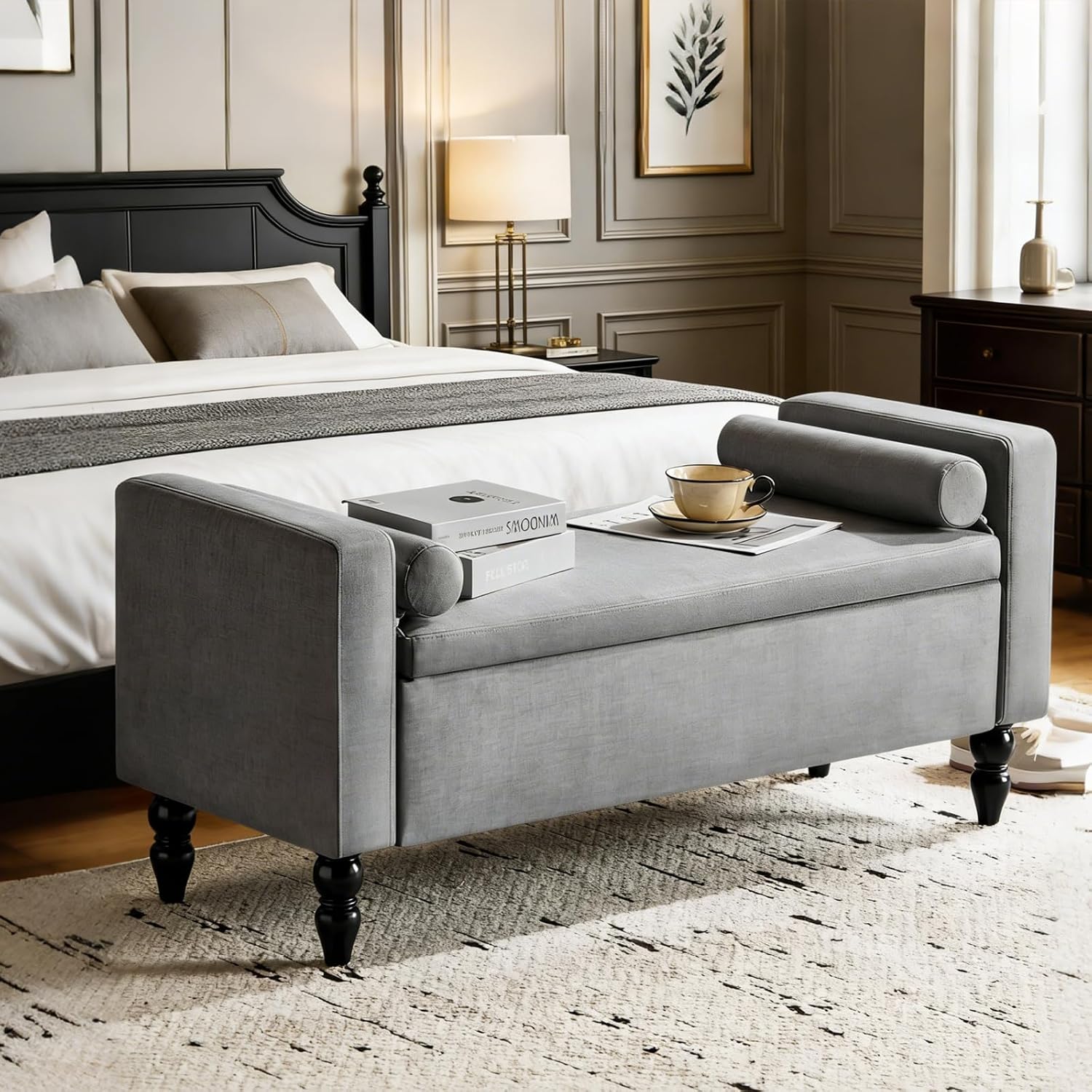 Large Storage Ottoman Bench, 45.7" Linen Upholstered Entryway Bench with Solid Wood Legs, End of Bed Bench, Shoe Bench, Ottoman Storage Chest for Bedroom/Living Room/Entryway,Grey