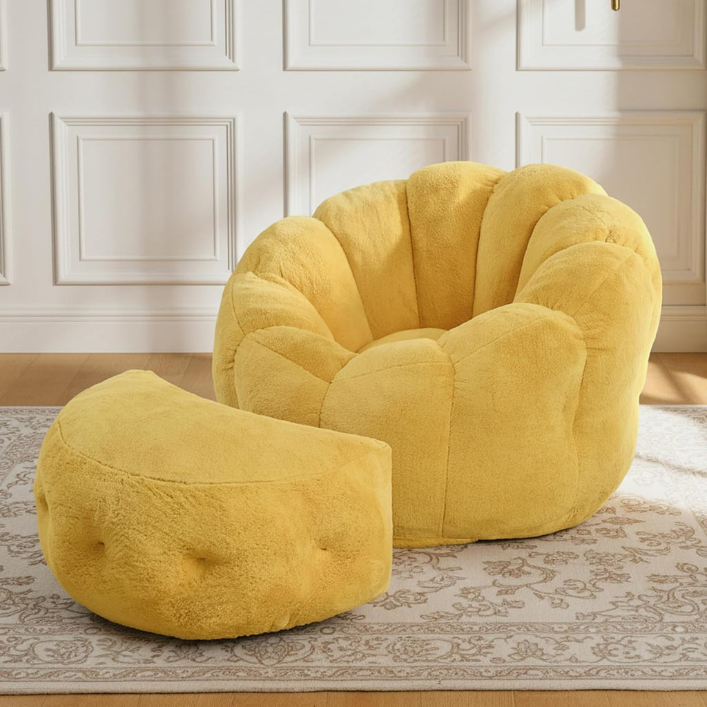 Flower Bean Bag Chair with Ottoman, Comfy Fuax Fur Beanbag for Adults & Teens, Fluffy Plush Floor Lazy Sofa for Bedroom, Living Room, Reading Nook, Yellow