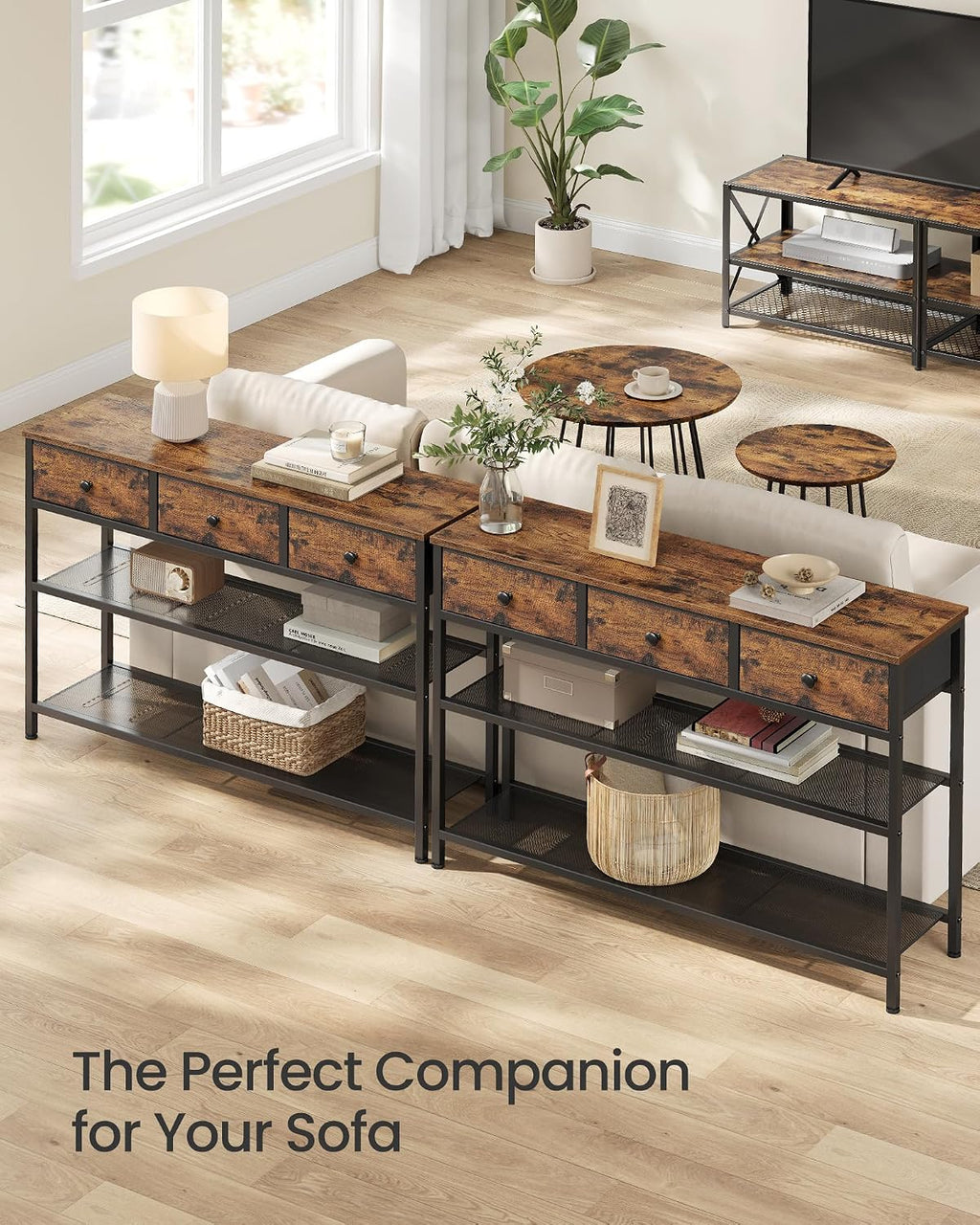 SONGMICS Console Table, Narrow Sofa Table with 2 Mesh Shelves for Entryway, Living Room, 11.8 x 38.9 x 31 Inches, 3 Fabric Drawers, Rustic Brown, BELLAH Collection ULGS098K101