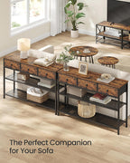 SONGMICS Console Table, Narrow Sofa Table with 2 Mesh Shelves for Entryway, Living Room, 11.8 x 38.9 x 31 Inches, 3 Fabric Drawers, Rustic Brown, BELLAH Collection ULGS098K101