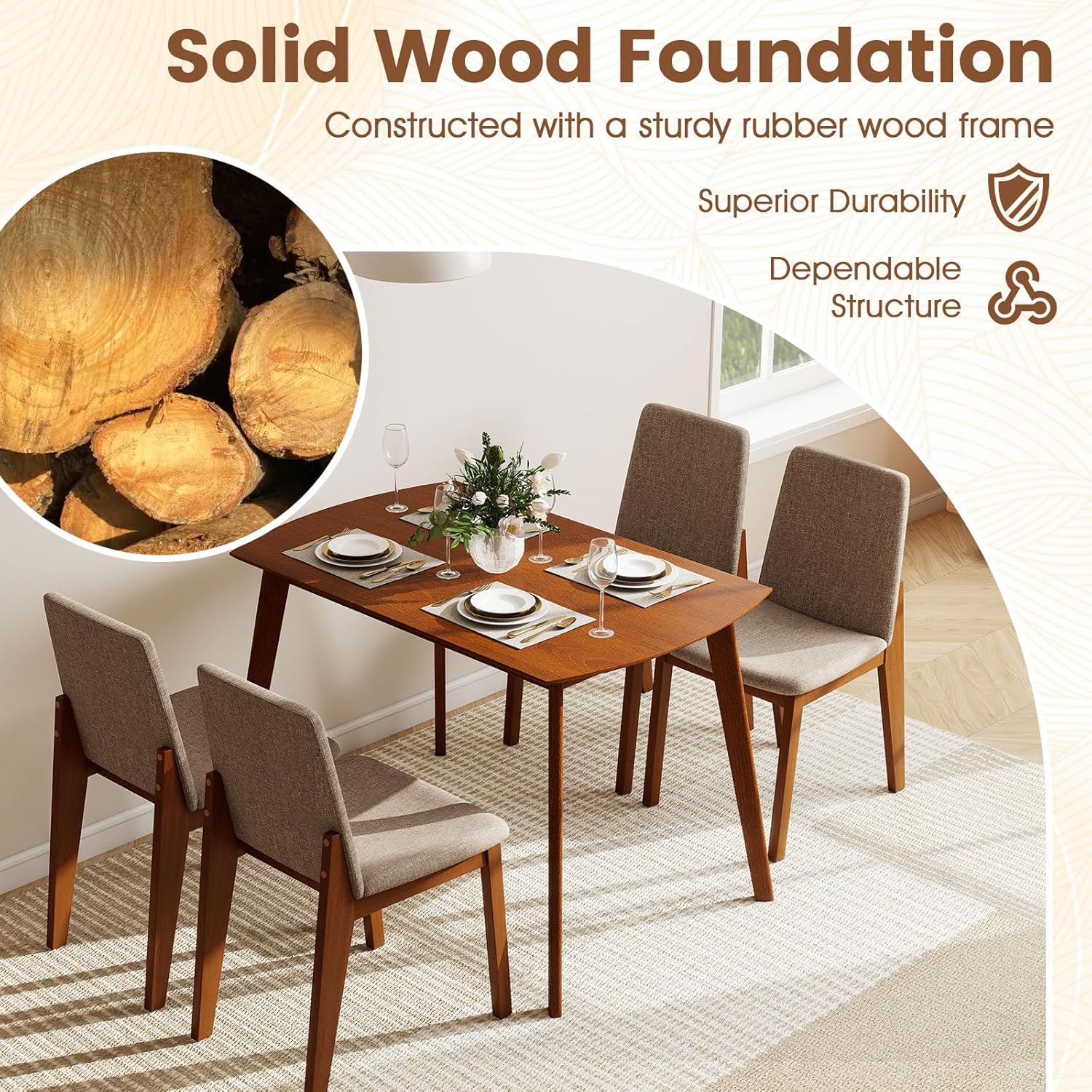 Giantex Dining Table Set for 4, Rectangular Kitchen Table and Chairs Set w/Rubber Wood Frame, Padded Seats & Backrests, Space-saving Dinette Set for Small Space, Apartment, Dining Room, Breakfast Nook