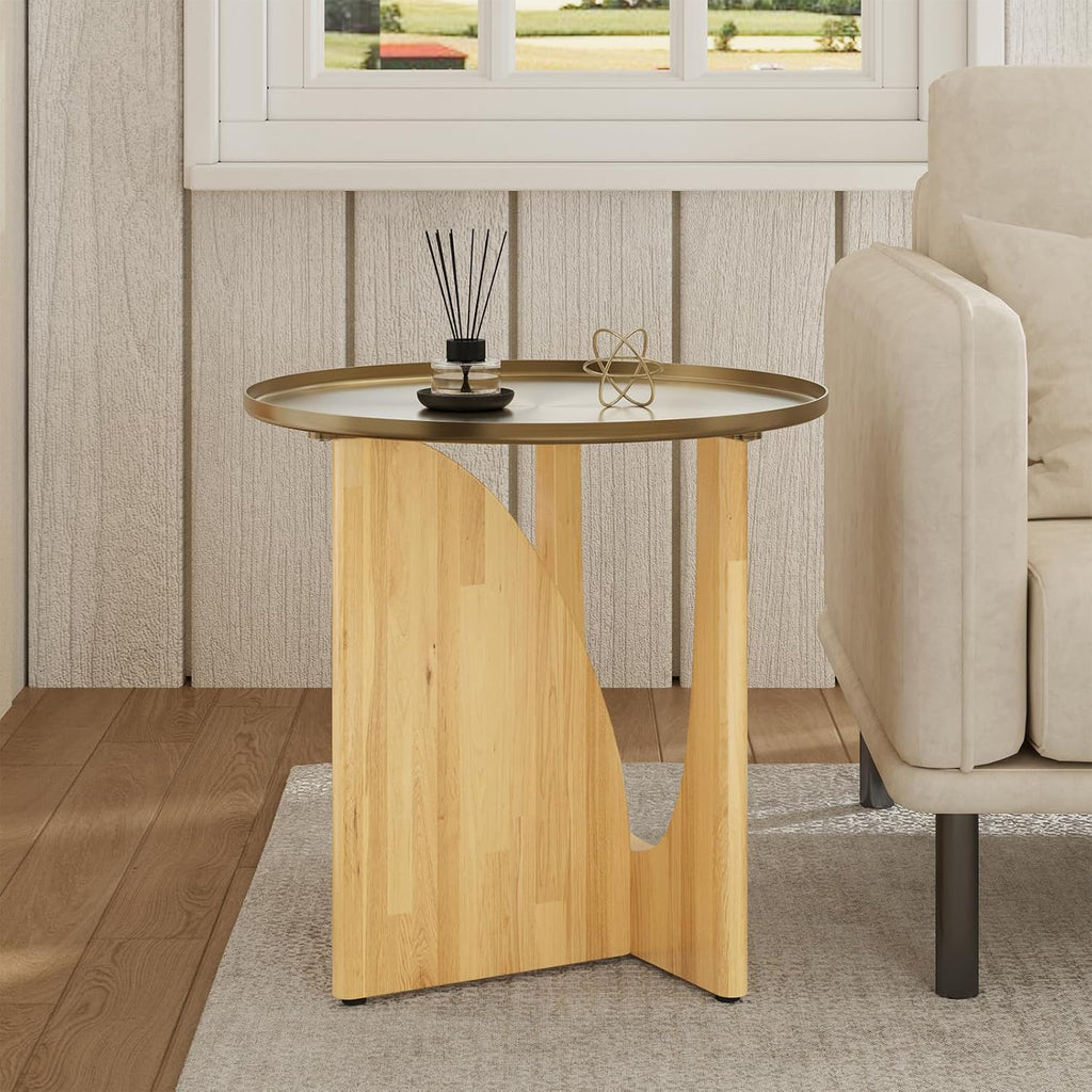 Farmhouse Rubberwood End Table, Beige Rustic End Table with Stainless Steel Tabletop, Round Side Table for Living Room, Bedroom, Lounge