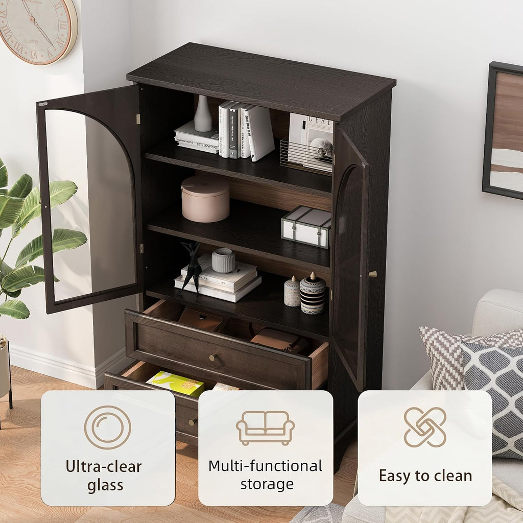 52.17" Tall Display Cabinet with Arched Glass Doors (Brown) | Farmhouse Curio Cabinet Display Case with 2 Storage Drawers and Adjustable Shelves, Glass Display Cabinets for Living Room