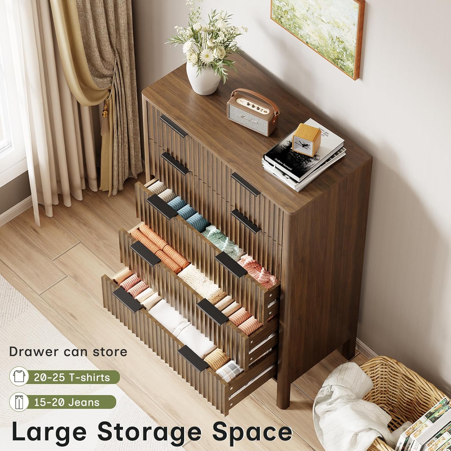 47 Inch Tall Dressers for Bedroom Fluted 5 Drawer Dresser, Wooden Dresser Modern Chest of Drawers Dressers with Organizer Storage for Bedroom, Living Room, Entryway, Walnut