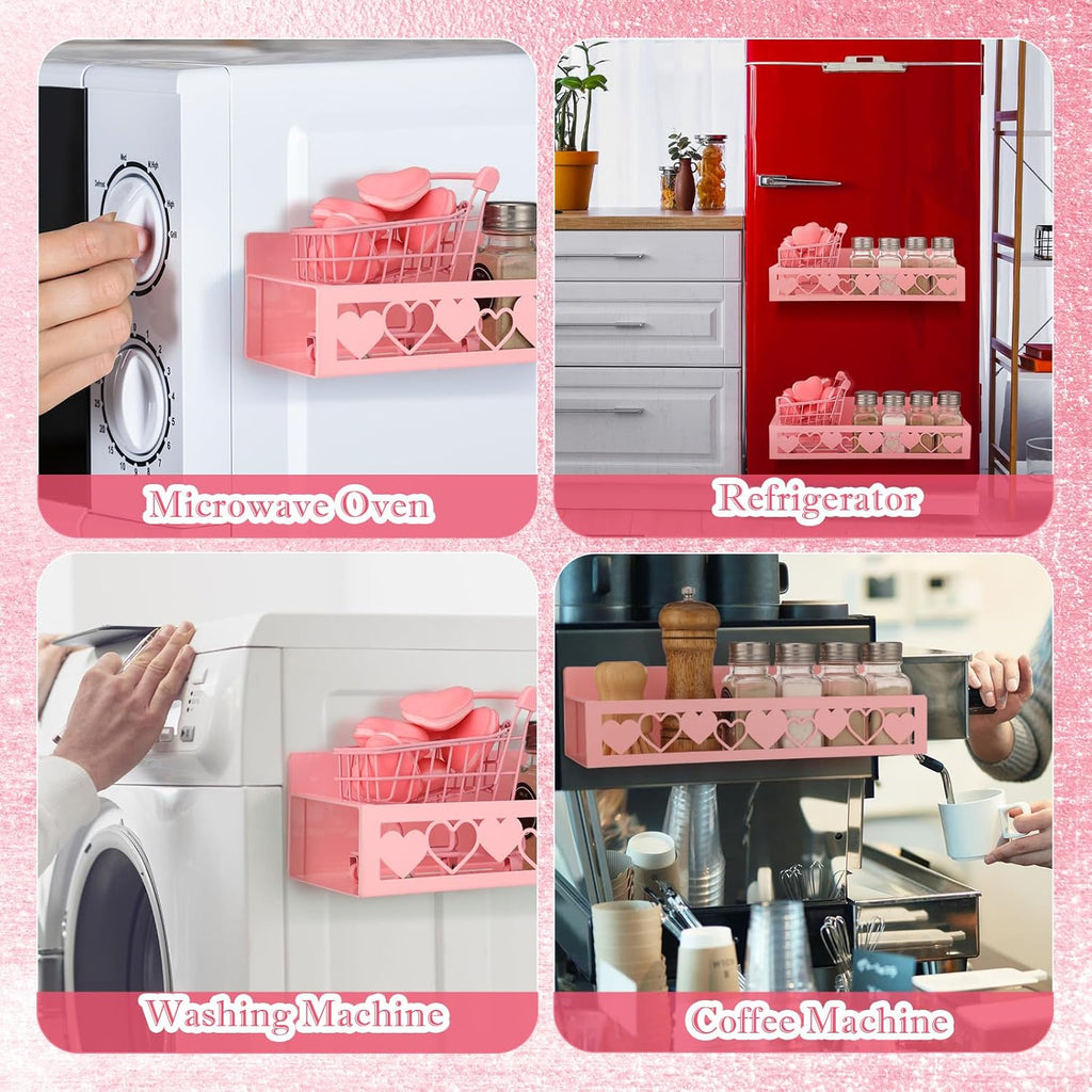 Beeveer 2 Pack Heart Magnetic Spice Rack for Refrigerator Metal Magnet Basket Shelf for Fridge Seasoning Storage Organizers Home Decor Kitchen Accessories (Pink)