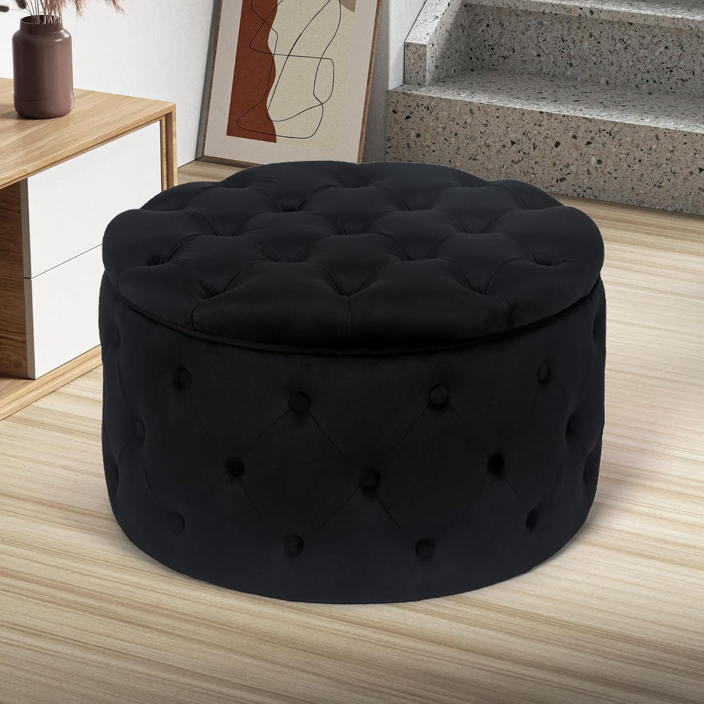 Joveco Round Storage Ottoman, Button Tufted Upholstered Ottoman with Removable Top, Storage Bench Coffee Table Footrest Stool for Living Room Bedroom Entryway (Black,M)