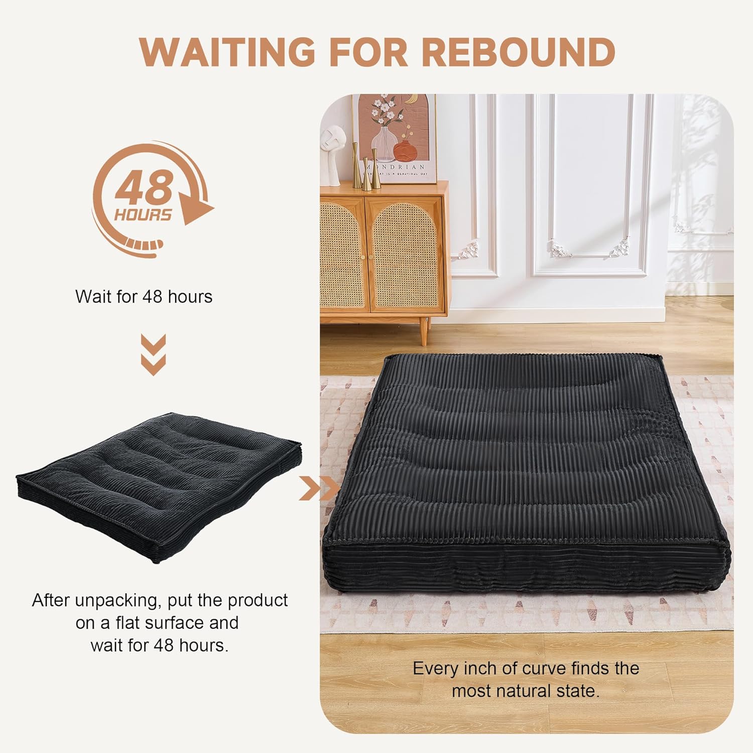 8" Futon Mattress Queen Size,Foldable Futon Sofa Couch Bed Twisted Rope Design Edging,Floor Mattress Thick Density Shredded Foam(Frame Not Included),Sleeping Pad for Guest Bedroom Living,Black