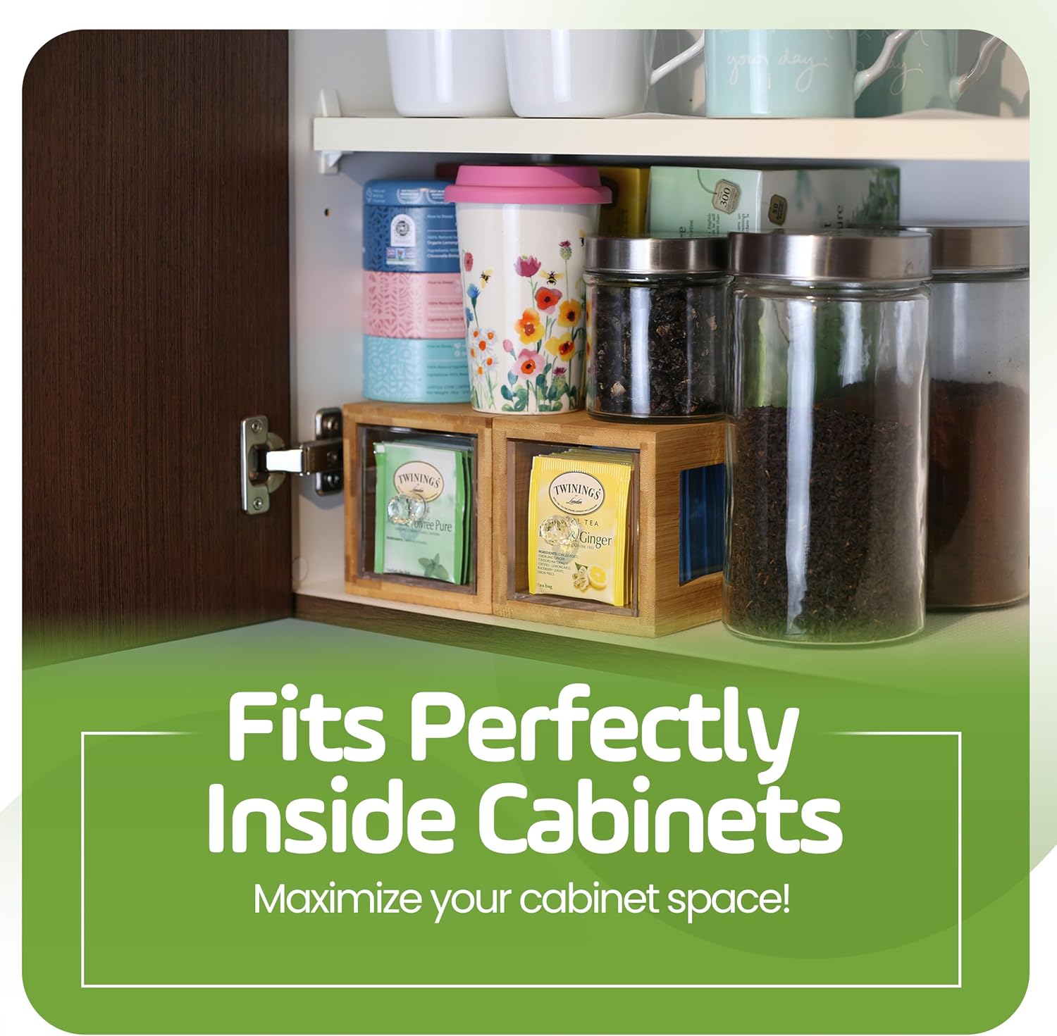 Bamboo and Acrylic Drawer Tea Bag Holder- Durable & Elegant Tea Bag Storage Holder for Kitchen Countertop, Space-Saving Tea Drawer Organizer