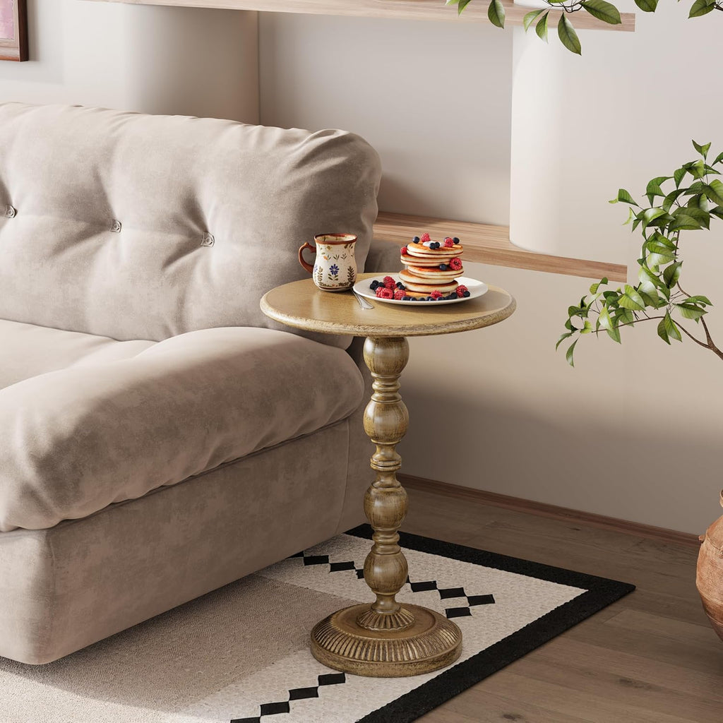 Small Round Metal Side Table, Lightweight Antique Accent Table,Retro Round Drink Table,Small Pedestal Table for Living Room, Bedroom, Corners (1, Antique Gold)