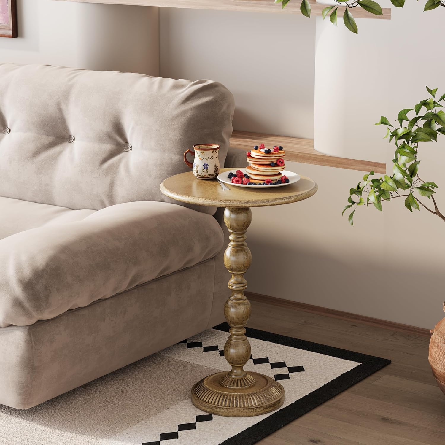 Small Round Metal Side Table, Lightweight Antique Accent Table,Retro Round Drink Table,Small Pedestal Table for Living Room, Bedroom, Corners (1, Antique Gold)